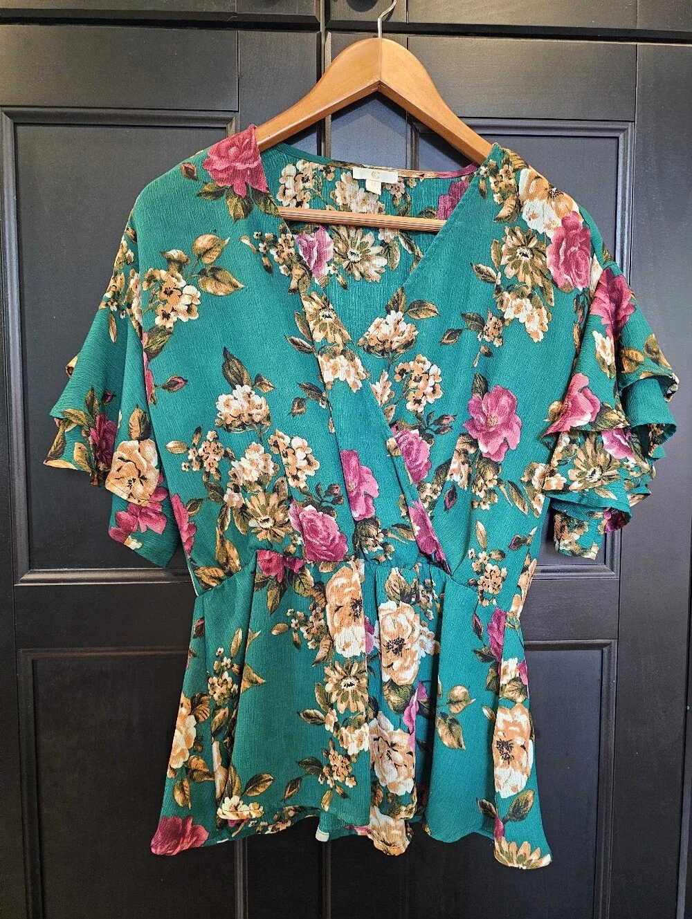 Set Of Two Flowy Floral Women's Tops- Black And Blue Green- Medium